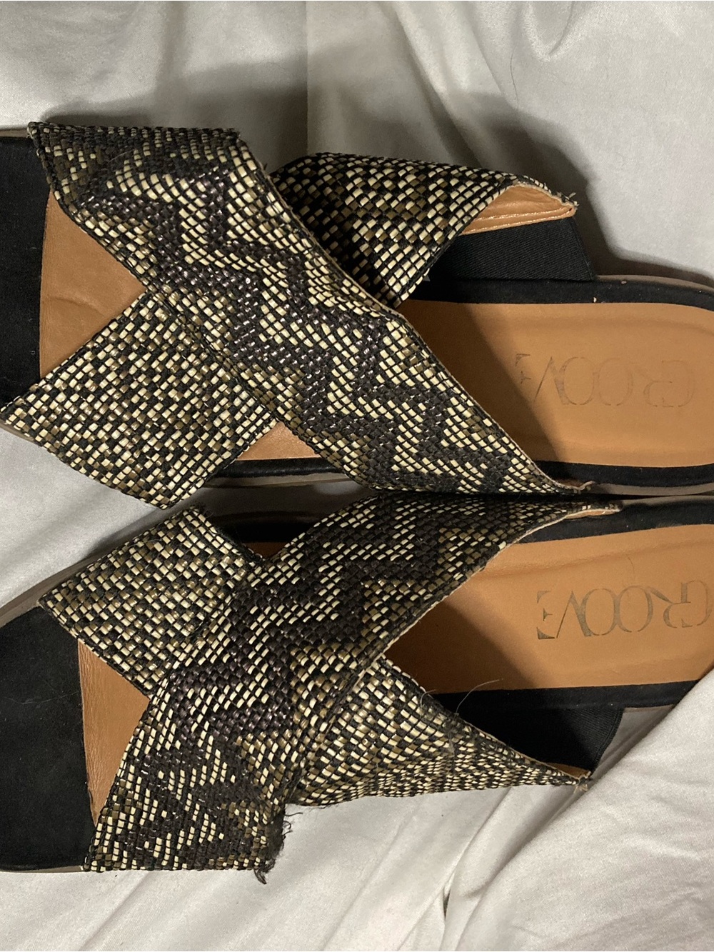 groove Black & Tan Woven Crisscross Slide Sandals